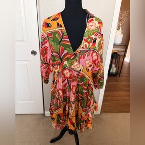 Vibrant Floral V-Neck Tiered Midi Dress in Pink & Green